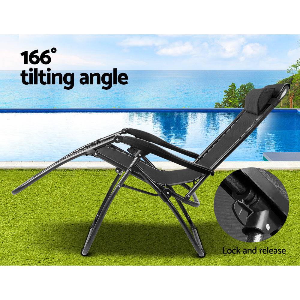 Gardeon Set of 2 Zero Gravity Chairs Reclining Outdoor Furniture Sun Lounge Folding Camping Lounger Black - SILBERSHELL™