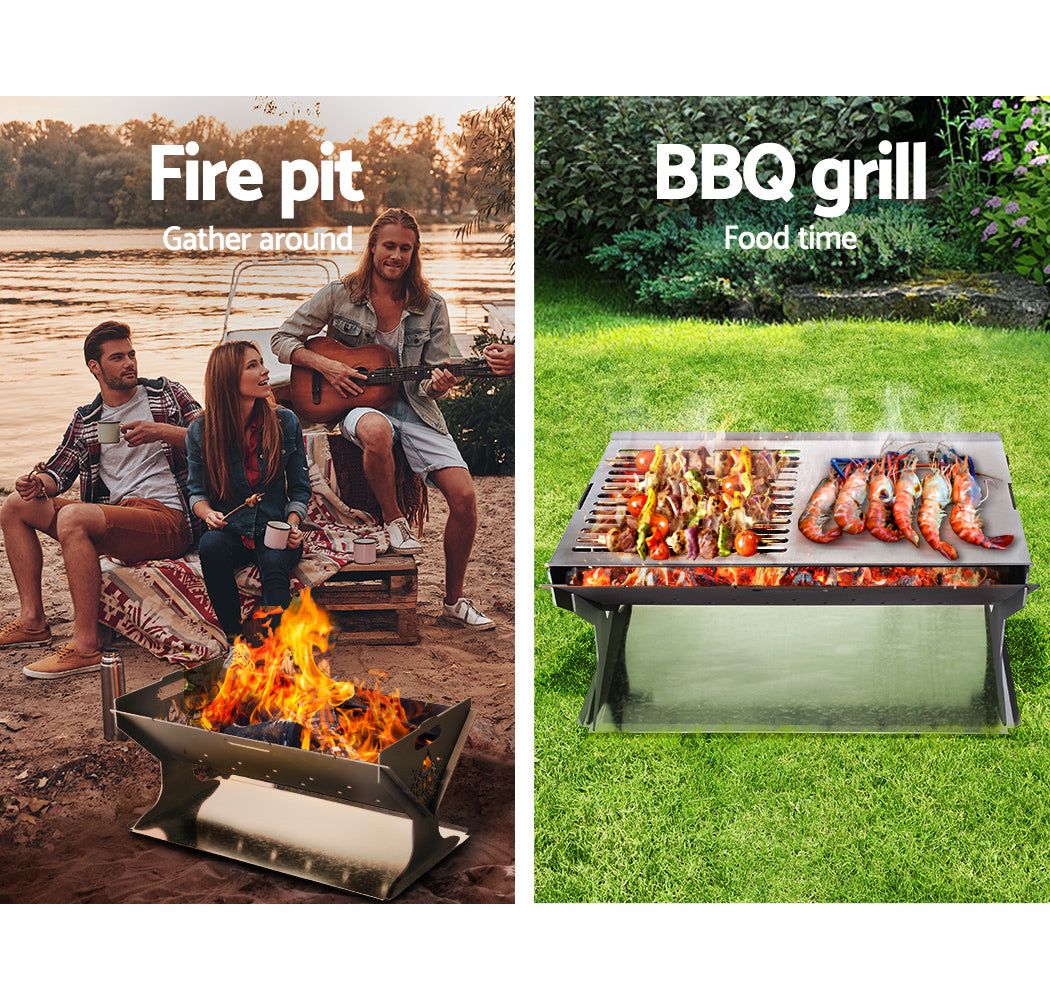 Grillz Fire Pit BBQ Outdoor Camping Portable Patio Heater Folding Packed Steel - SILBERSHELL