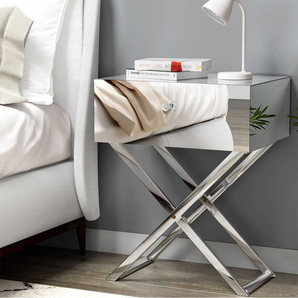 Artiss Mirrored Bedside Table Side End Table Drawers Nightstand Bedroom Silver - SILBERSHELL