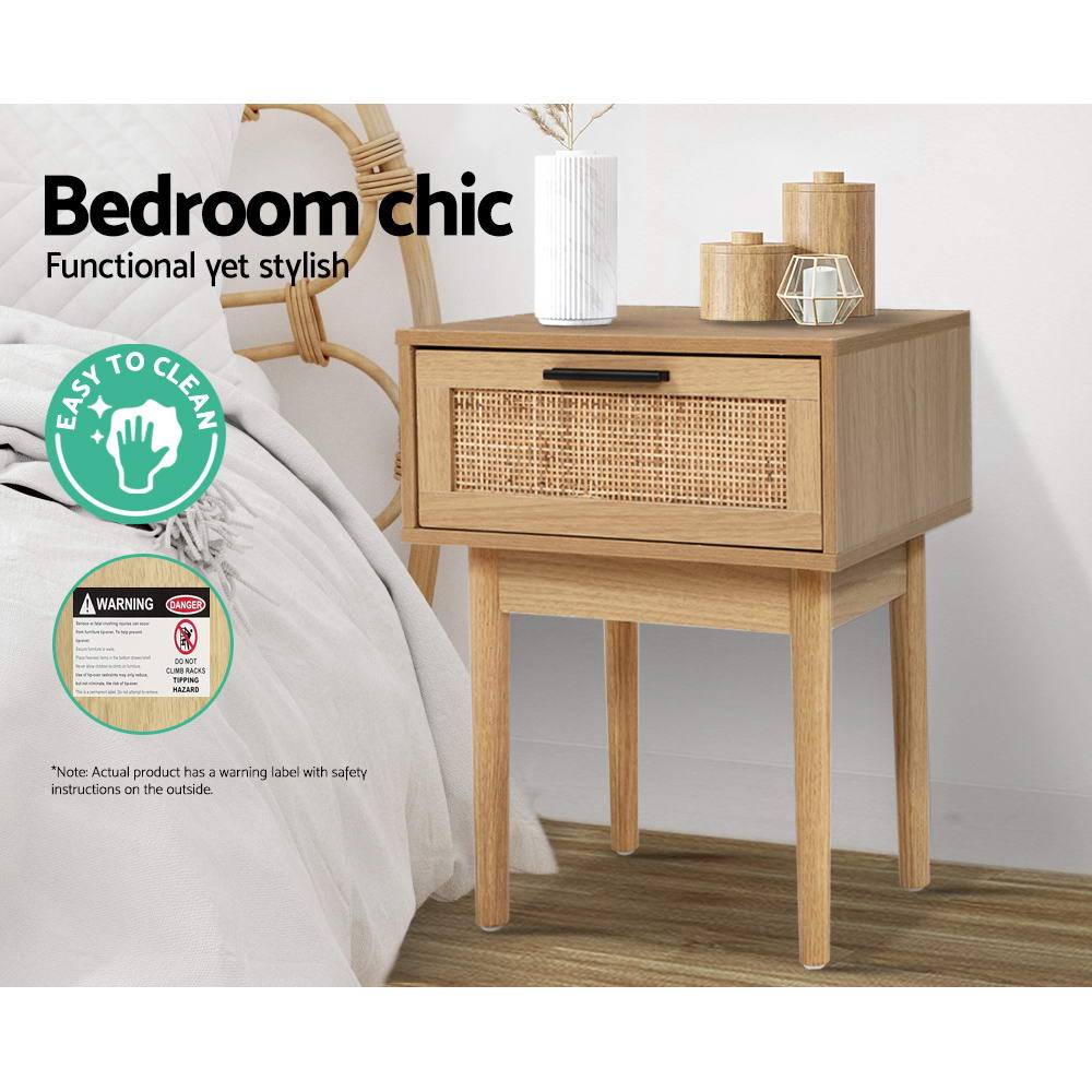 Artiss Bedside Tables Table 1 Drawer Storage Cabinet Rattan Wood Nightstand - SILBERSHELL