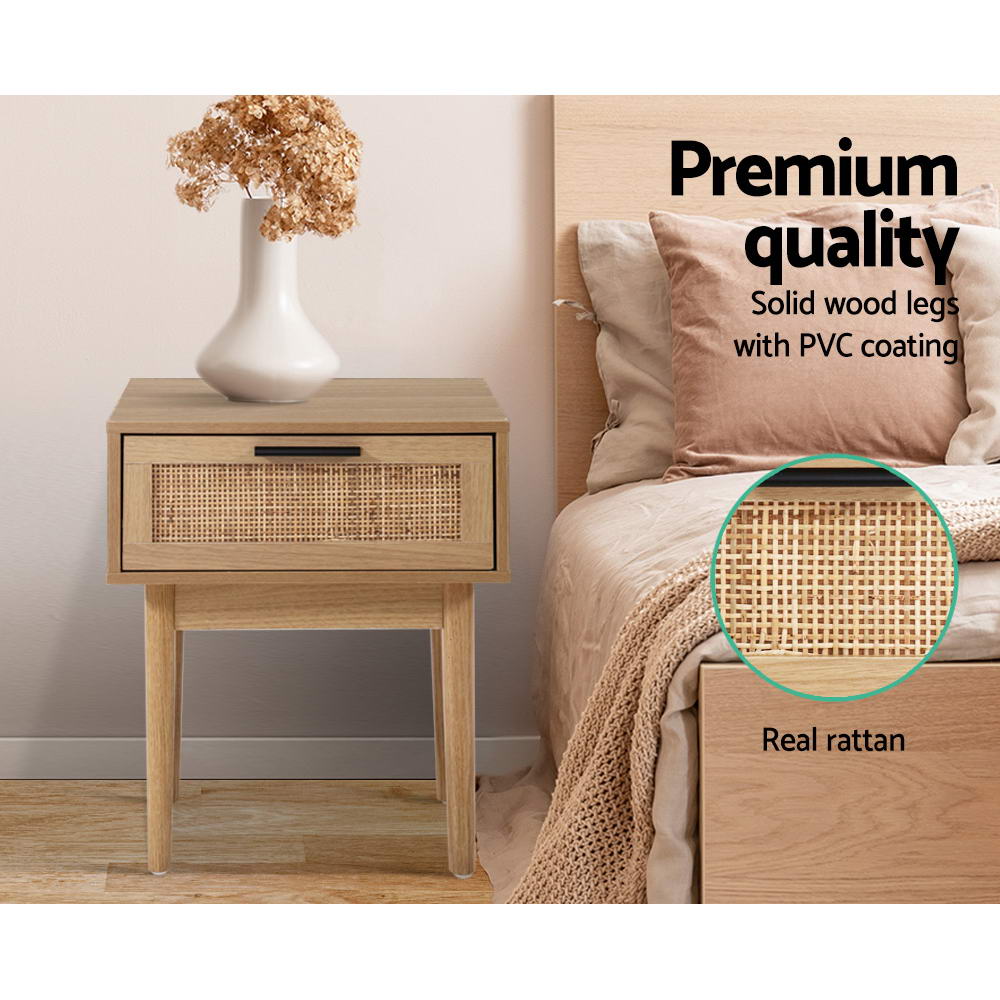 Artiss Bedside Tables Table 1 Drawer Storage Cabinet Rattan Wood Nightstand - SILBERSHELL