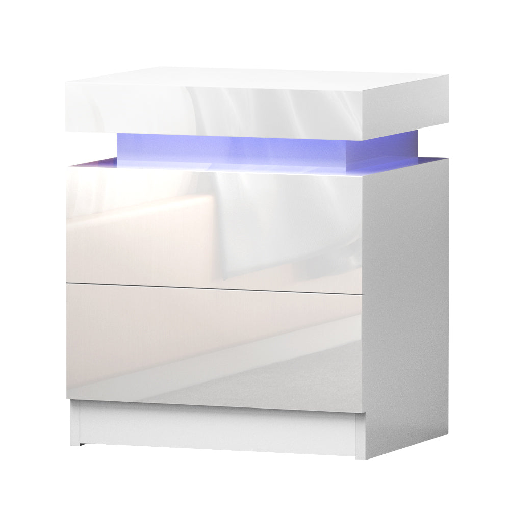 Artiss Bedside Tables Side Table Drawers RGB LED High Gloss Nightstand White - SILBERSHELL