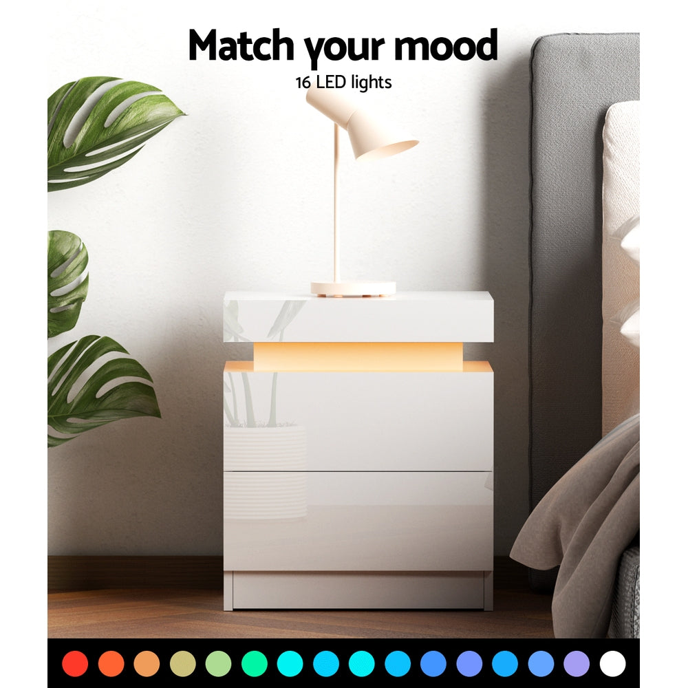 Artiss Bedside Tables Side Table Drawers RGB LED High Gloss Nightstand White - SILBERSHELL