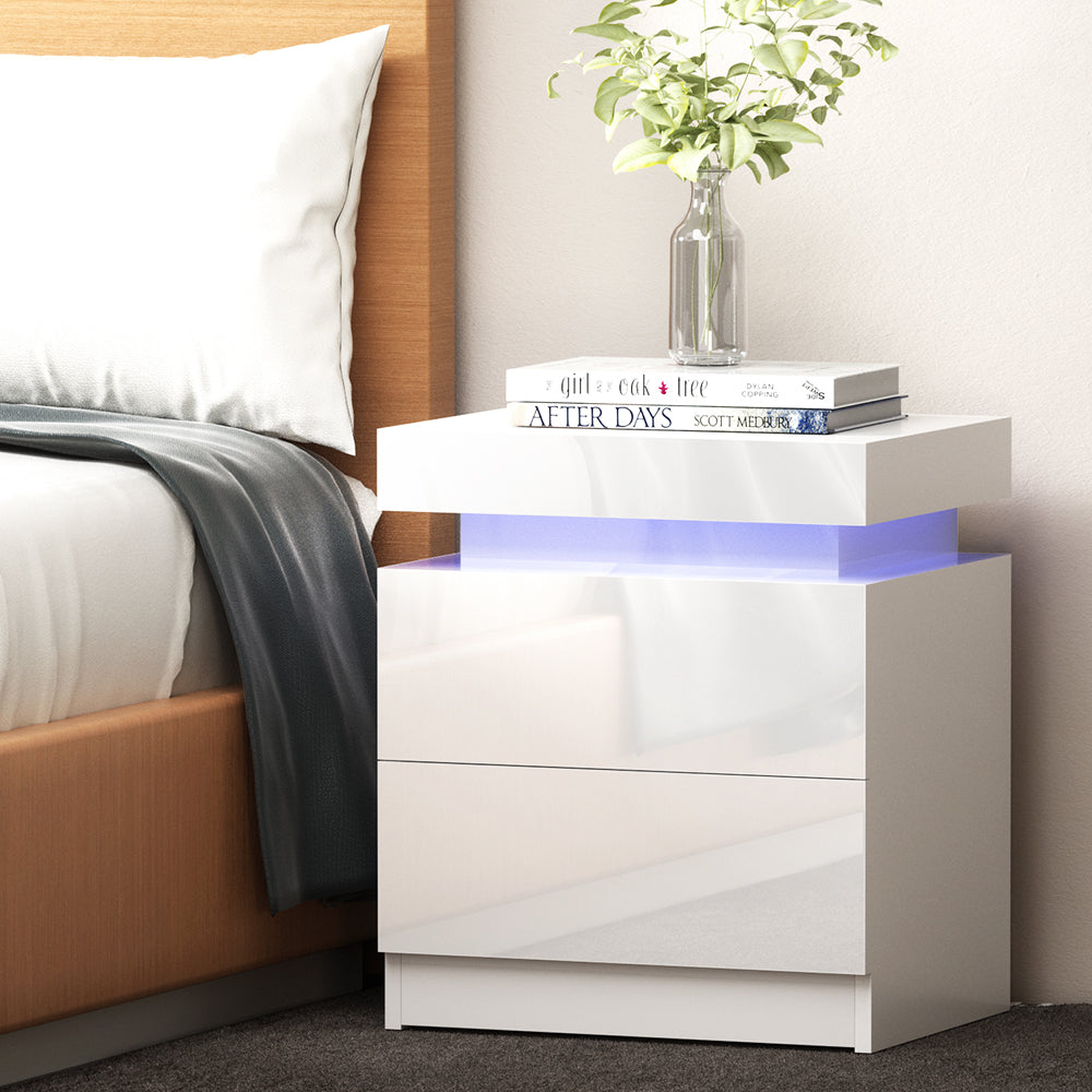 Artiss Bedside Tables Side Table Drawers RGB LED High Gloss Nightstand White - SILBERSHELL