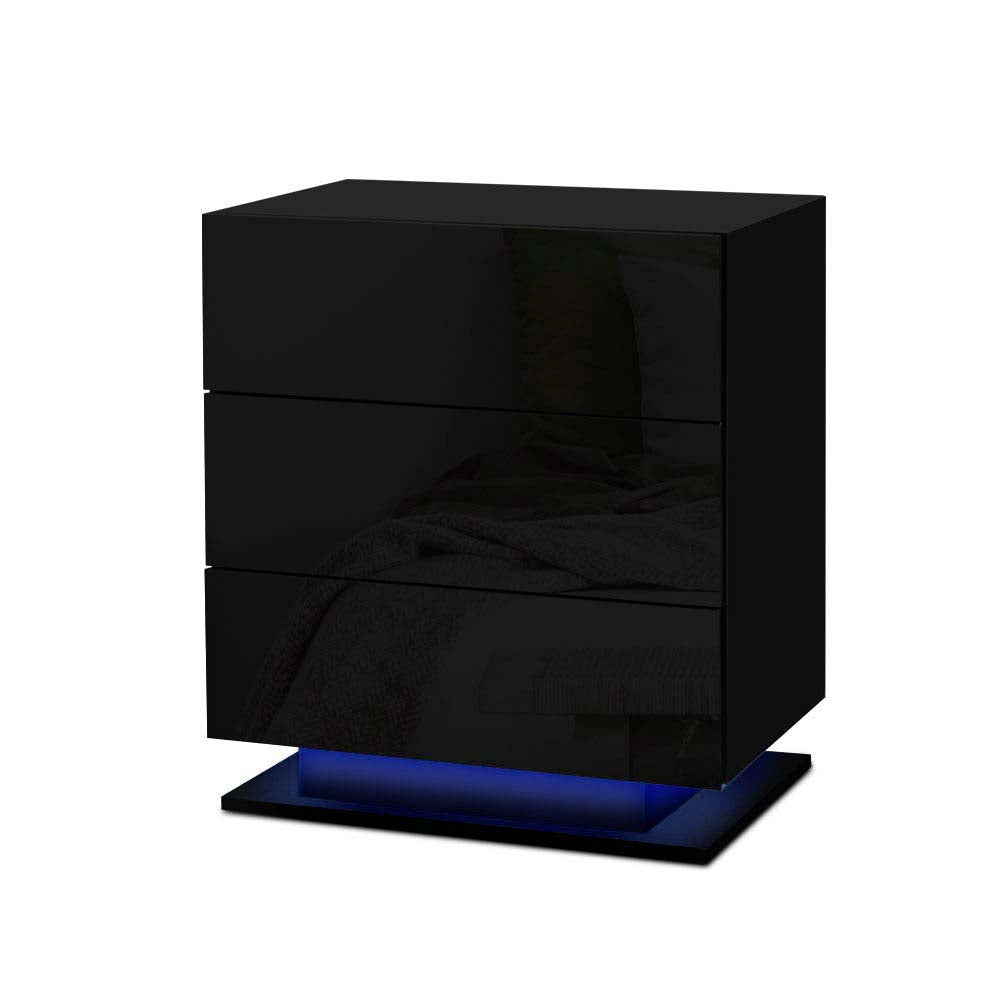 Artiss Bedside Tables Side Table RGB LED Lamp 3 Drawers Nightstand Gloss Black - SILBERSHELL