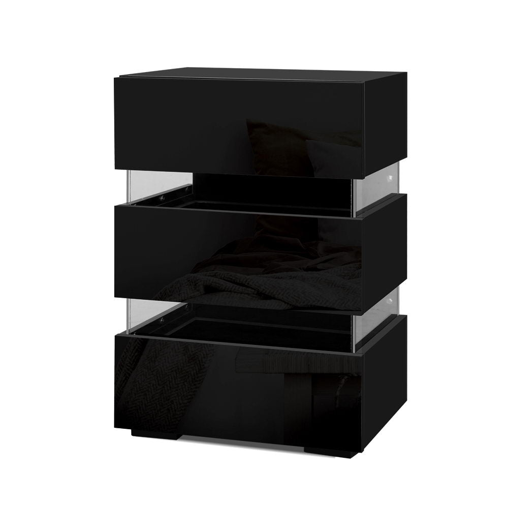 Artiss Bedside Table Side Unit RGB LED Lamp 3 Drawers Nightstand Gloss Furniture Black - SILBERSHELL