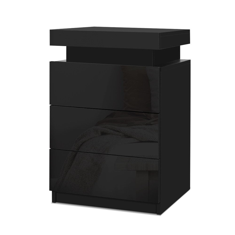 Artiss Bedside Tables Side Table 3 Drawers RGB LED High Gloss Nightstand Black - SILBERSHELL