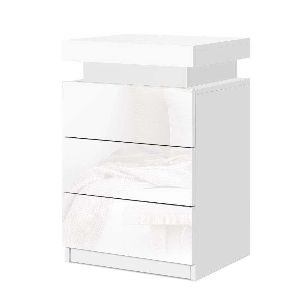 Artiss Bedside Tables Side Table 3 Drawers RGB LED High Gloss Nightstand White - SILBERSHELL