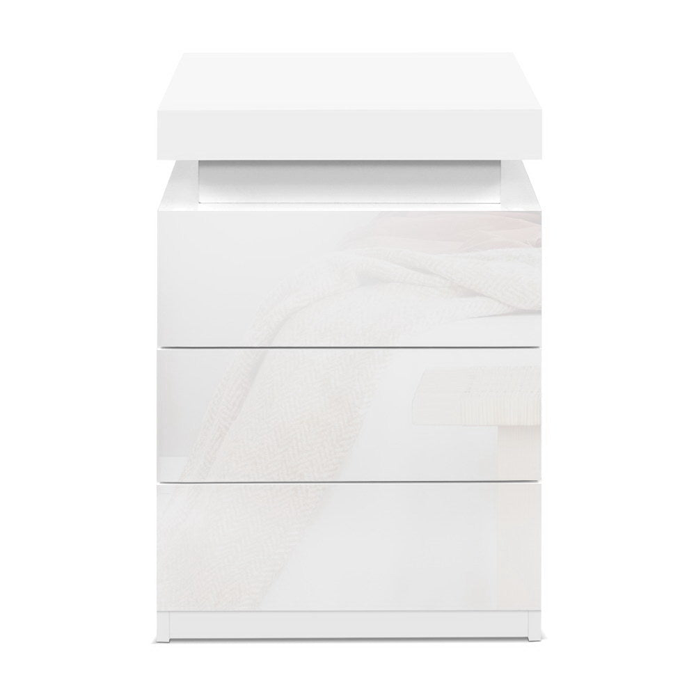 Artiss Bedside Tables Side Table 3 Drawers RGB LED High Gloss Nightstand White - SILBERSHELL