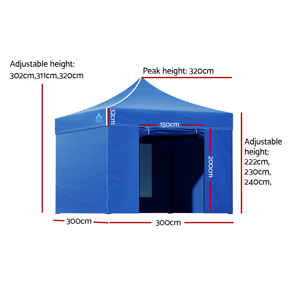 Instahut Gazebo Pop Up Marquee 3x3m Folding Wedding Tent Gazebos Shade Blue - SILBERSHELL
