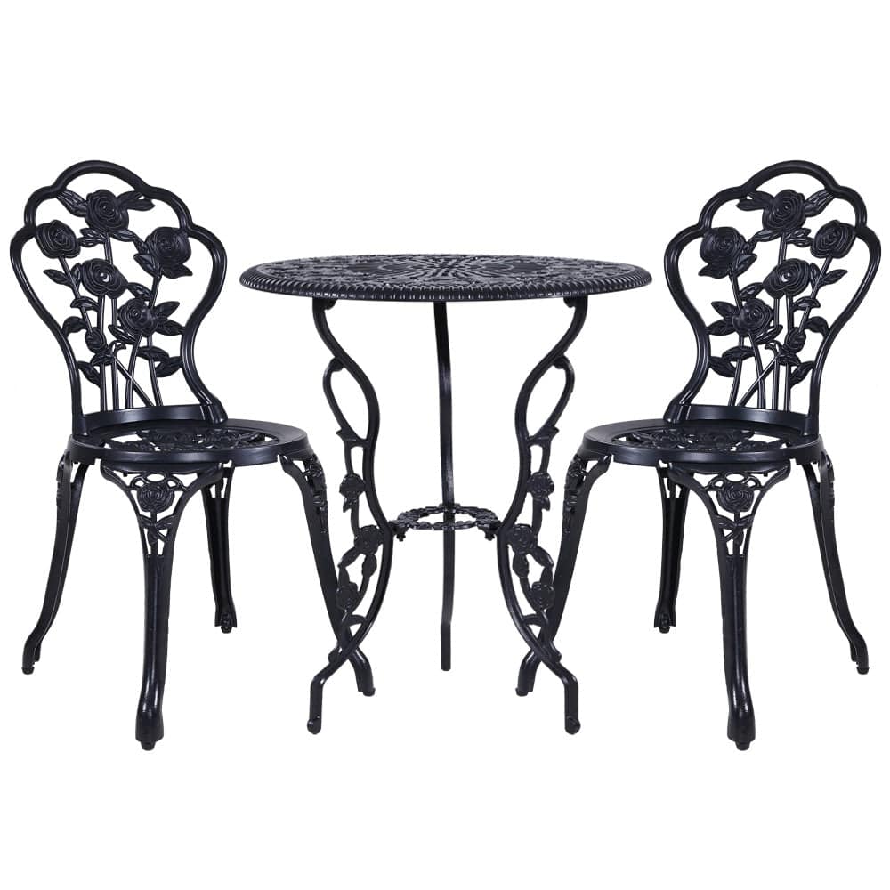 Gardeon 3PC Outdoor Setting Cast Aluminium Bistro Table Chair Patio Black - SILBERSHELL™