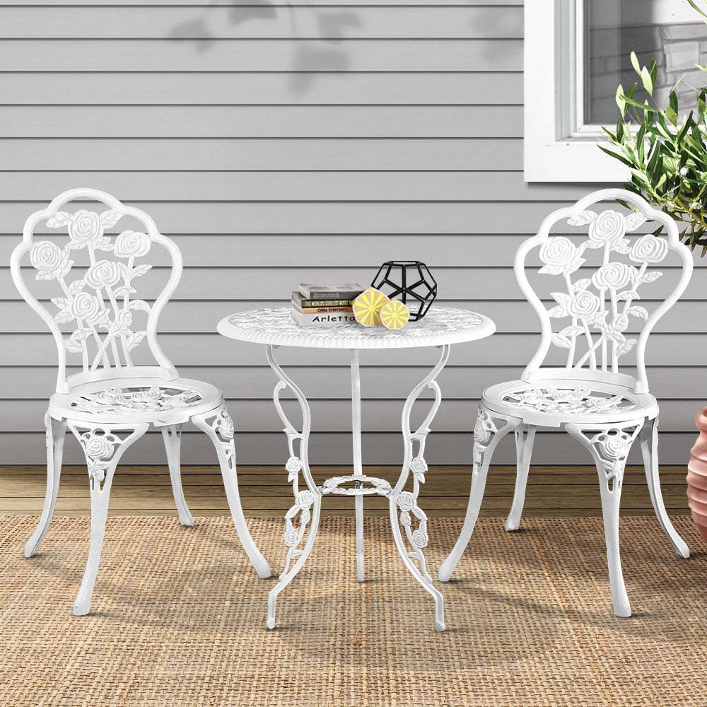Gardeon Outdoor Furniture Chairs Table 3pc Aluminium Bistro White - SILBERSHELL