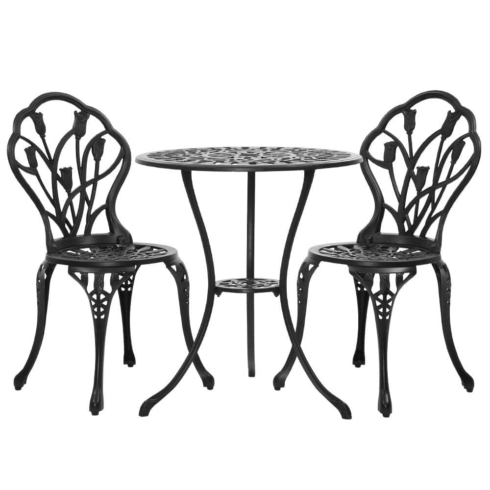 Gardeon 3PC Outdoor Setting Cast Aluminium Bistro Table Chair Patio Black - SILBERSHELL™