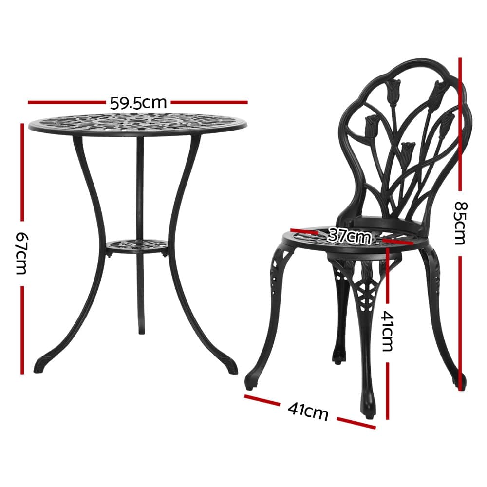 Gardeon 3PC Outdoor Setting Cast Aluminium Bistro Table Chair Patio Black - SILBERSHELL™