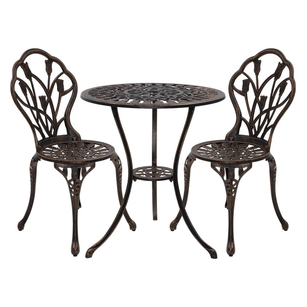 Gardeon 3PC Outdoor Setting Cast Aluminium Bistro Table Chair Patio Bronze - SILBERSHELL