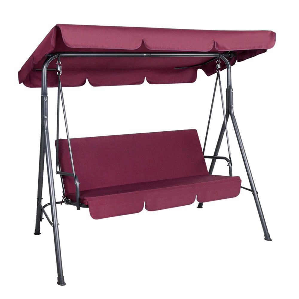 Gardeon Outdoor Swing Chair Hammock 3 Seater Garden Canopy Bench Seat Backyard - Wine Red - SILBERSHELL