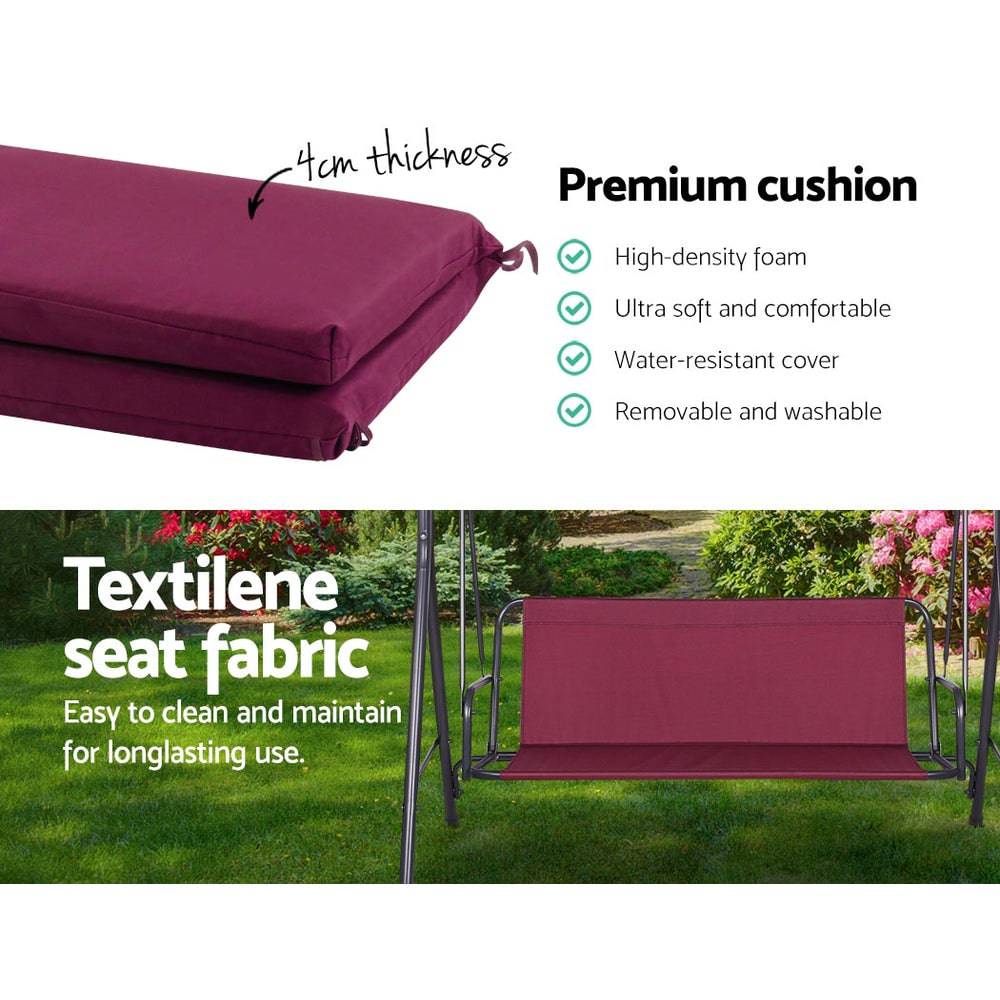 Gardeon Outdoor Swing Chair Hammock 3 Seater Garden Canopy Bench Seat Backyard - Wine Red - SILBERSHELL