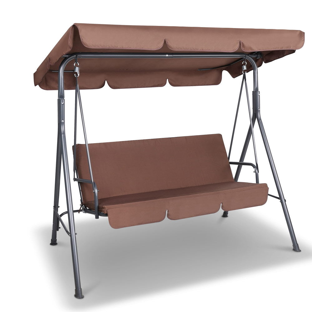 Gardeon 3 Seater Outdoor Canopy Swing Chair - Coffee - SILBERSHELL