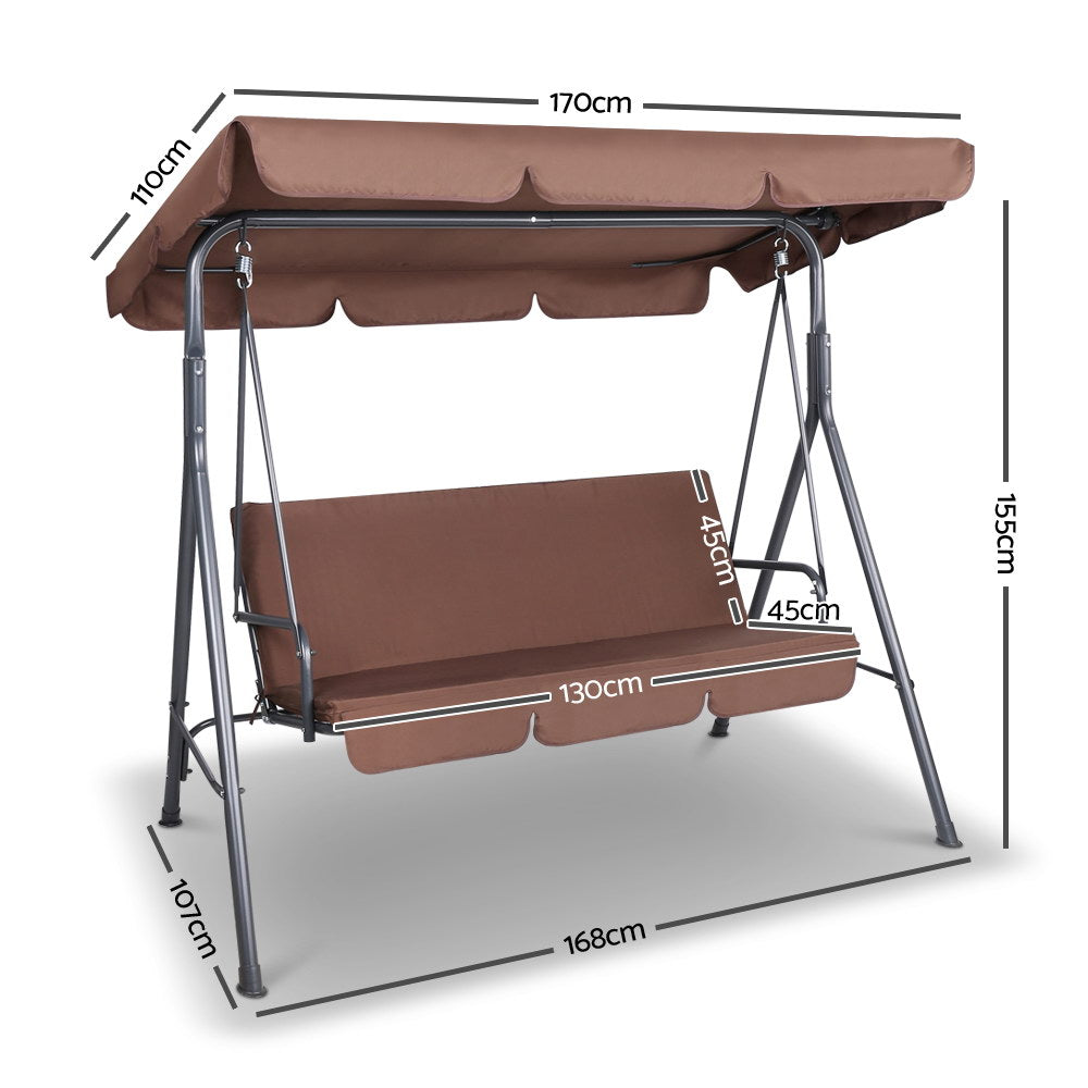 Gardeon 3 Seater Outdoor Canopy Swing Chair - Coffee - SILBERSHELL