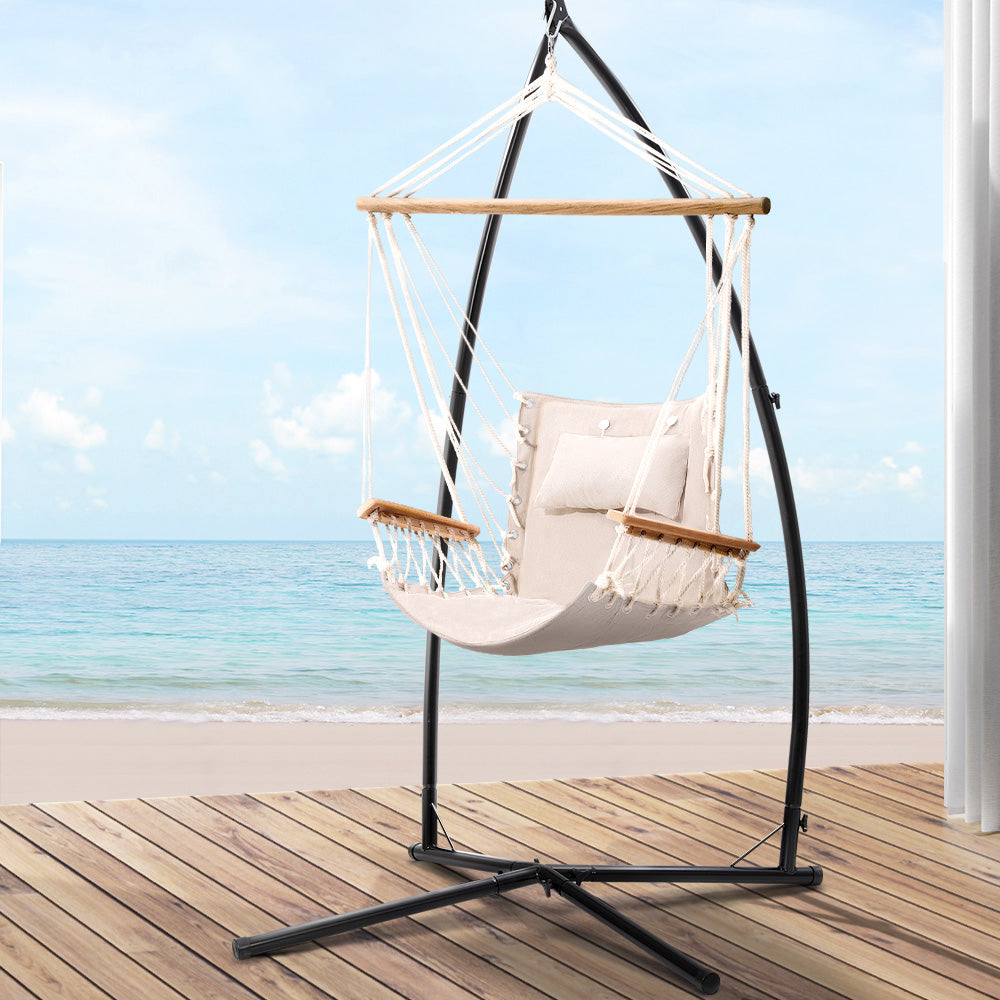 Gardeon Outdoor Hammock Chair with Steel Stand Hanging Hammock Beach Cream - SILBERSHELL