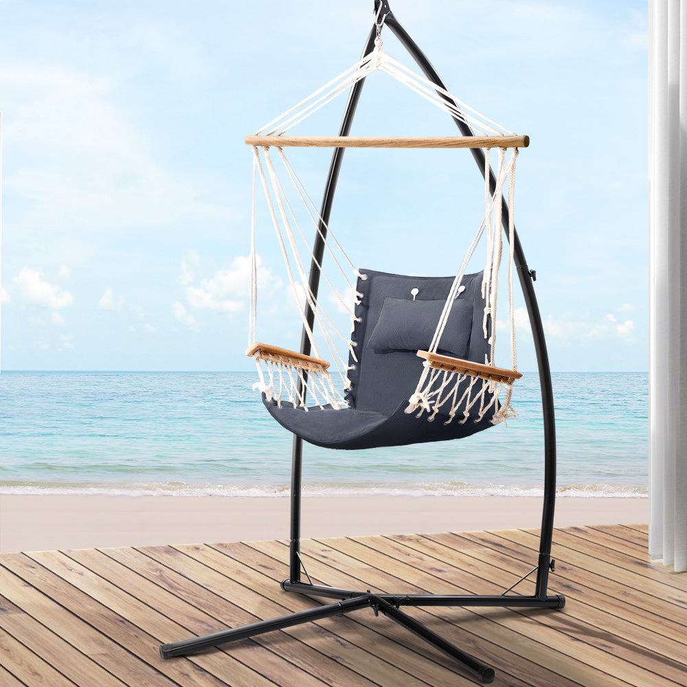 Gardeon Outdoor Hammock Chair with Steel Stand Hanging Hammock Beach Grey - SILBERSHELL