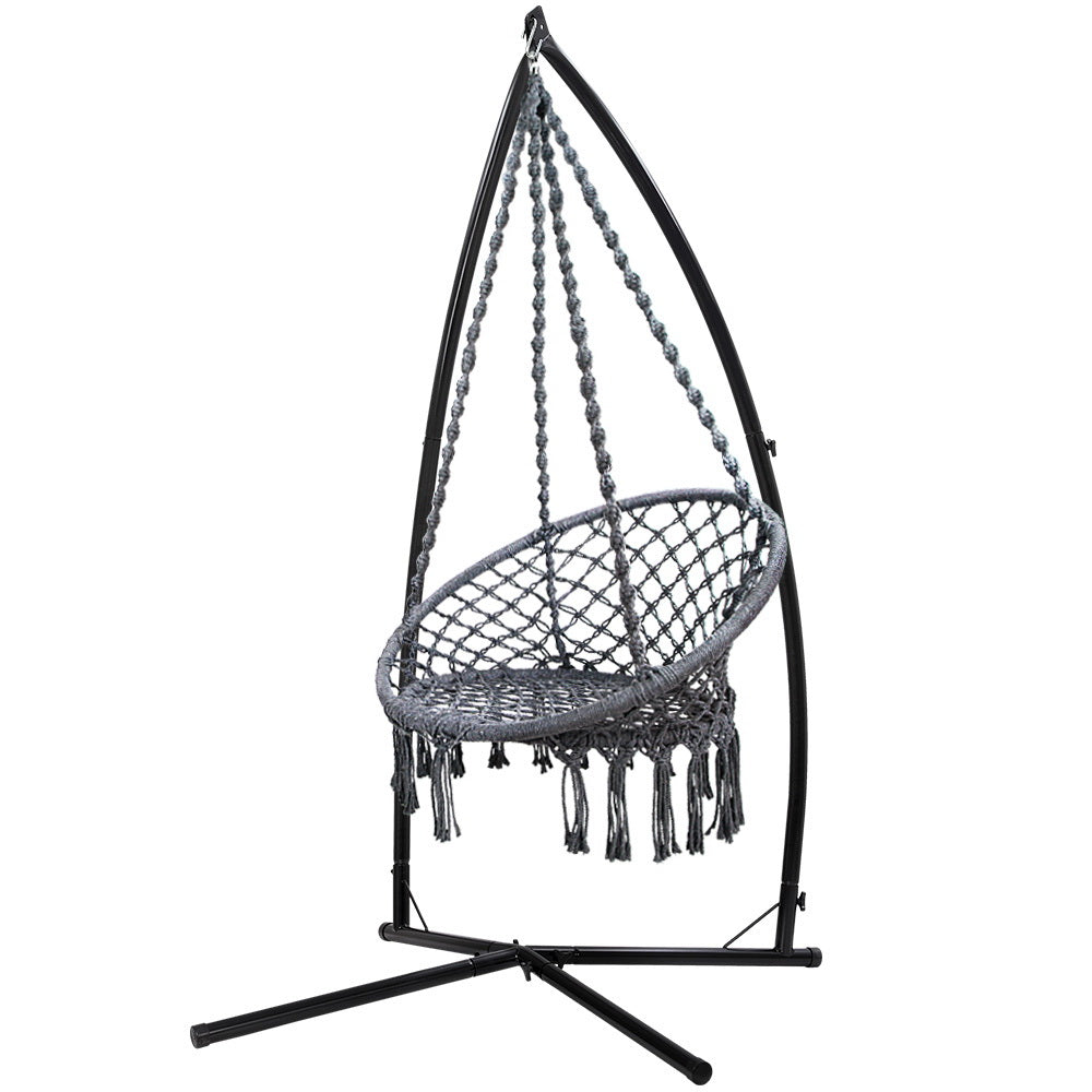 Gardeon Outdoor Hammock Chair with Steel Stand Cotton Swing Hanging 124CM Grey - SILBERSHELL