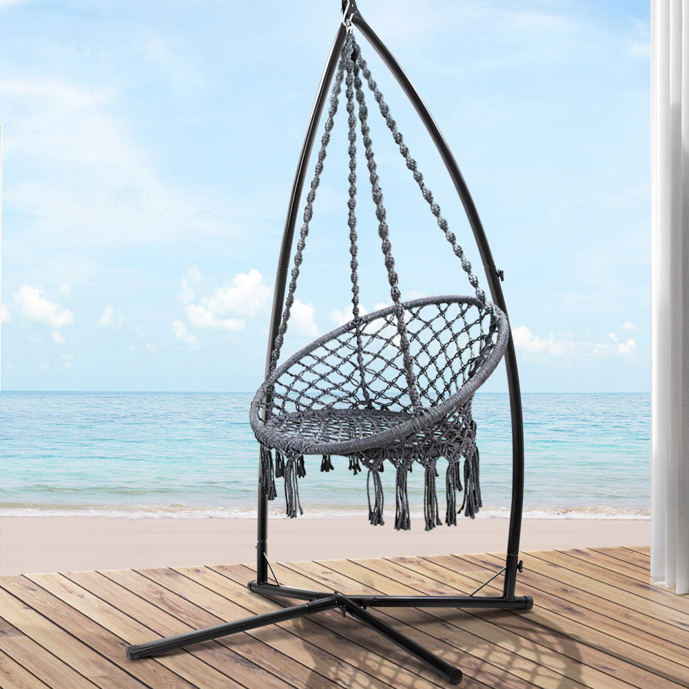 Gardeon Outdoor Hammock Chair with Steel Stand Cotton Swing Hanging 124CM Grey - SILBERSHELL