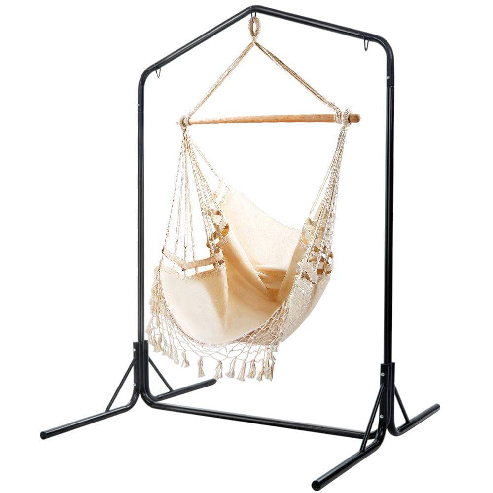 Gardeon Outdoor Hammock Chair with Stand Tassel Hanging Rope Hammocks Cream - SILBERSHELL™