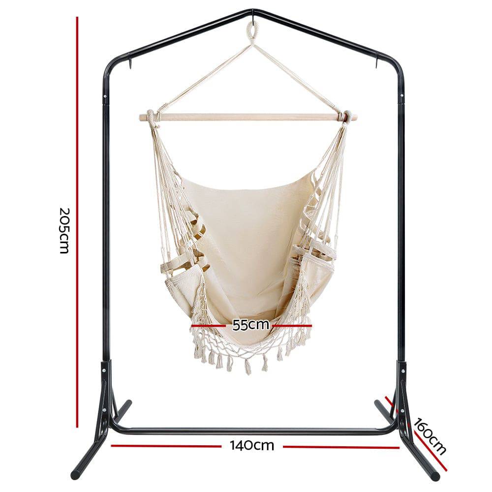 Gardeon Outdoor Hammock Chair with Stand Tassel Hanging Rope Hammocks Cream - SILBERSHELL™