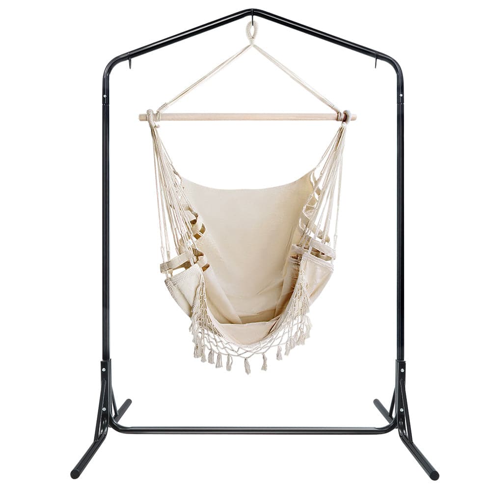 Gardeon Outdoor Hammock Chair with Stand Tassel Hanging Rope Hammocks Cream - SILBERSHELL™