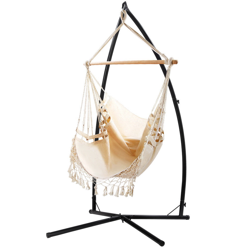 Gardeon Outdoor Hammock Chair with Steel Stand Tassel Hanging Rope Hammock Cream - SILBERSHELL