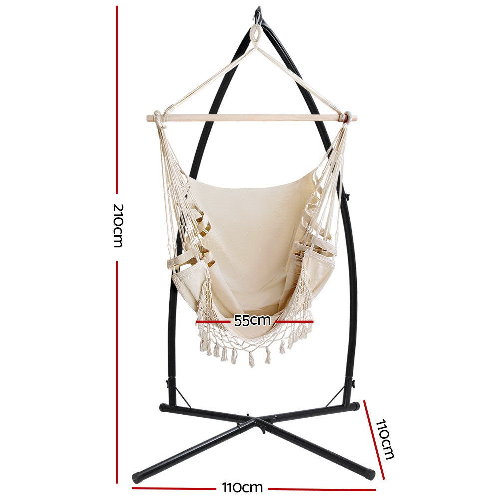 Gardeon Outdoor Hammock Chair with Steel Stand Tassel Hanging Rope Hammock Cream - SILBERSHELL
