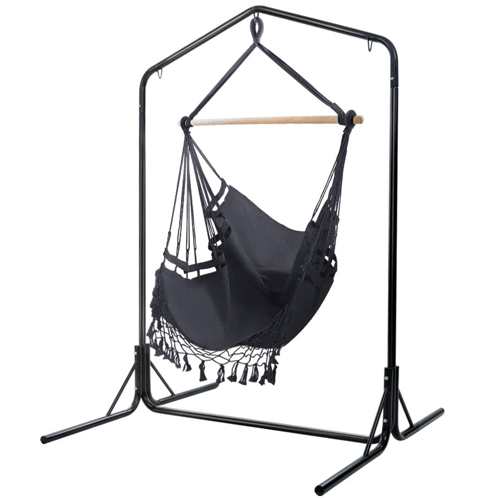 Gardeon Outdoor Hammock Chair with Stand Tassel Hanging Rope Hammocks Grey - SILBERSHELL™