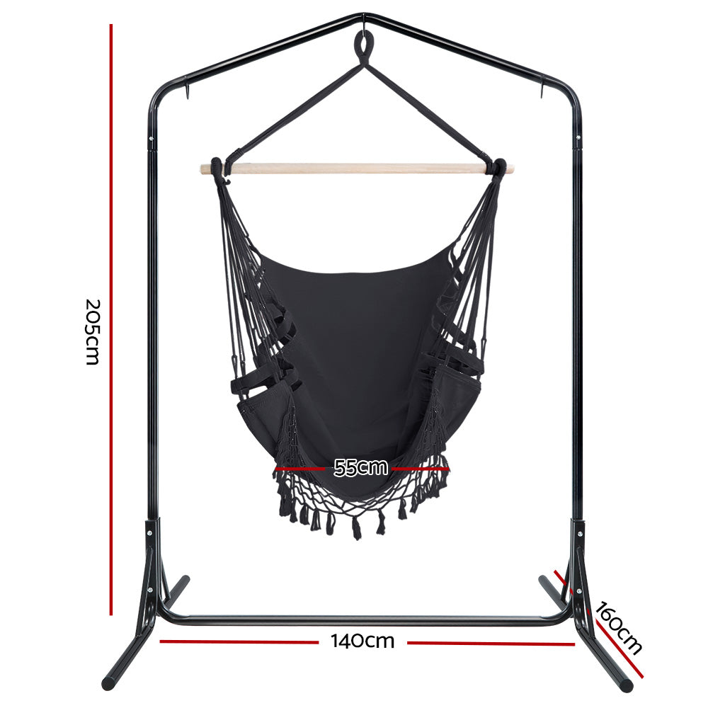 Gardeon Outdoor Hammock Chair with Stand Tassel Hanging Rope Hammocks Grey - SILBERSHELL