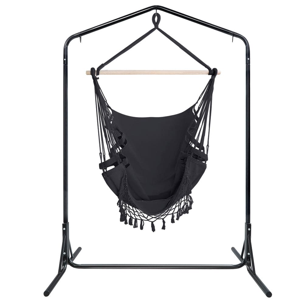 Gardeon Outdoor Hammock Chair with Stand Tassel Hanging Rope Hammocks Grey - SILBERSHELL™