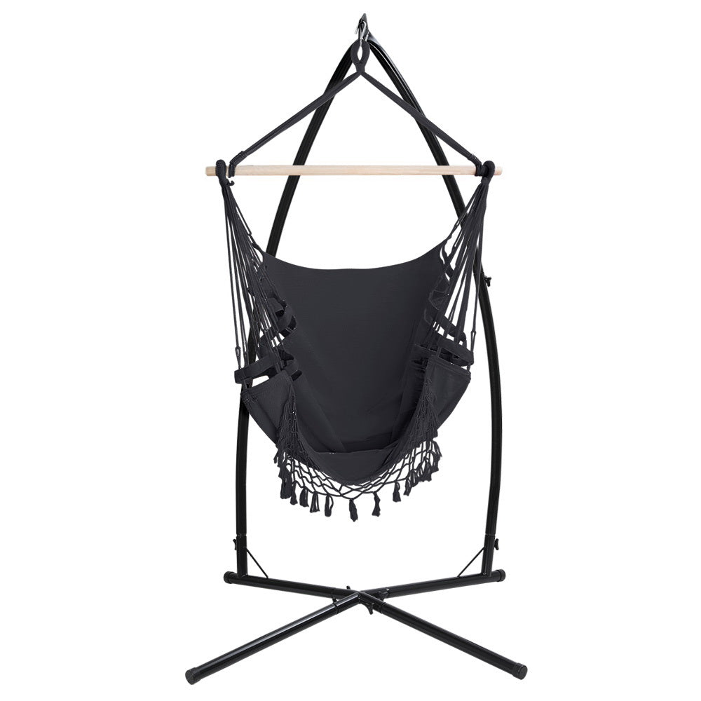 Gardeon Outdoor Hammock Chair with Steel Stand Tassel Hanging Rope Hammock Grey - SILBERSHELL