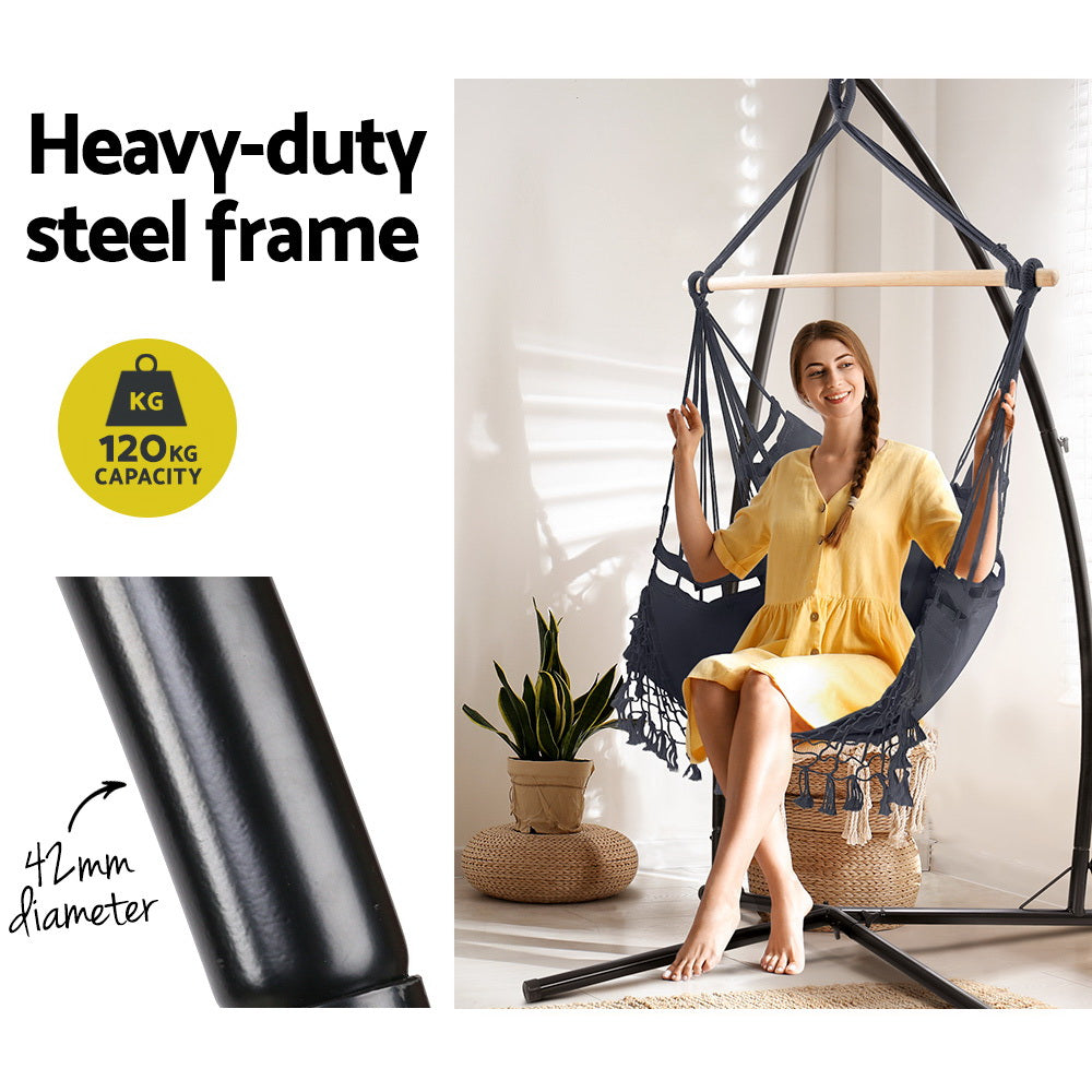 Gardeon Outdoor Hammock Chair with Steel Stand Tassel Hanging Rope Hammock Grey - SILBERSHELL