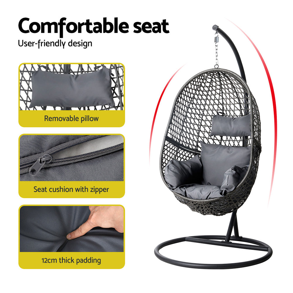Gardeon Swing Chair Egg Hammock With Stand Outdoor Furniture Wicker Seat Black - SILBERSHELL
