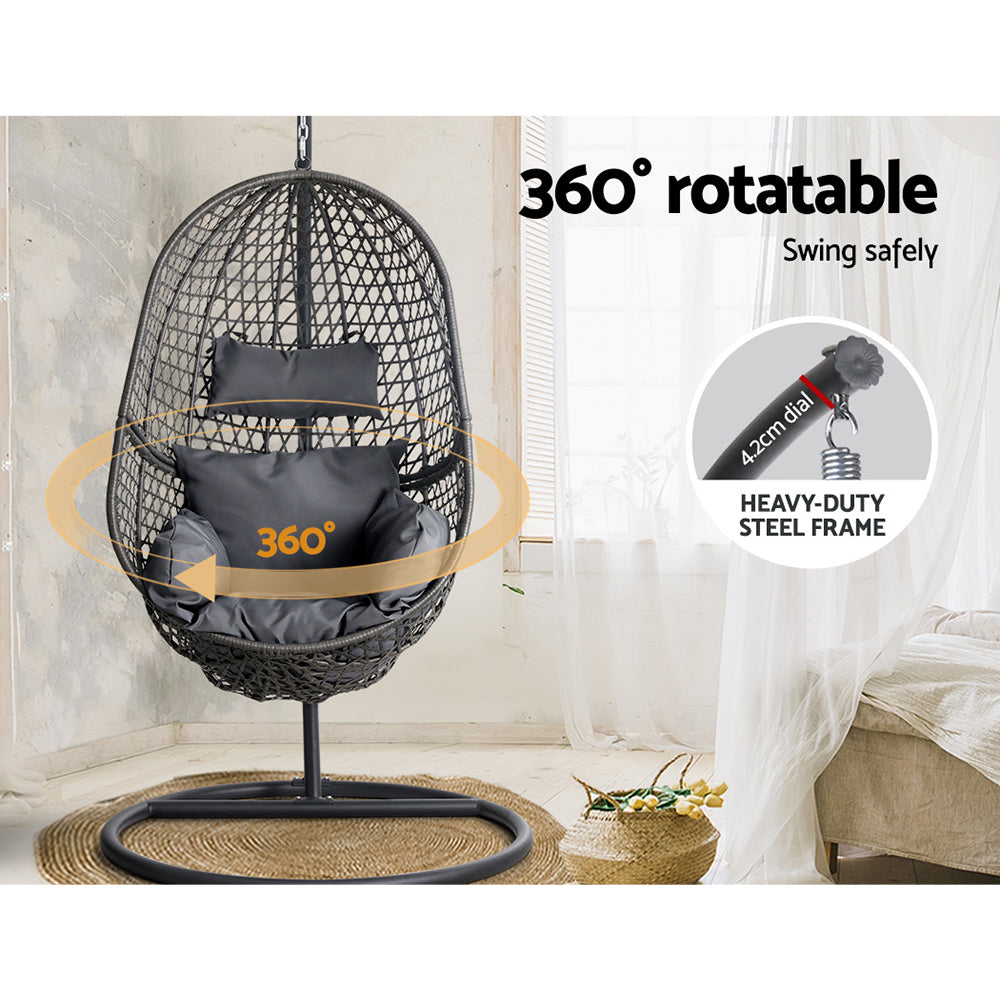 Gardeon Swing Chair Egg Hammock With Stand Outdoor Furniture Wicker Seat Black - SILBERSHELL