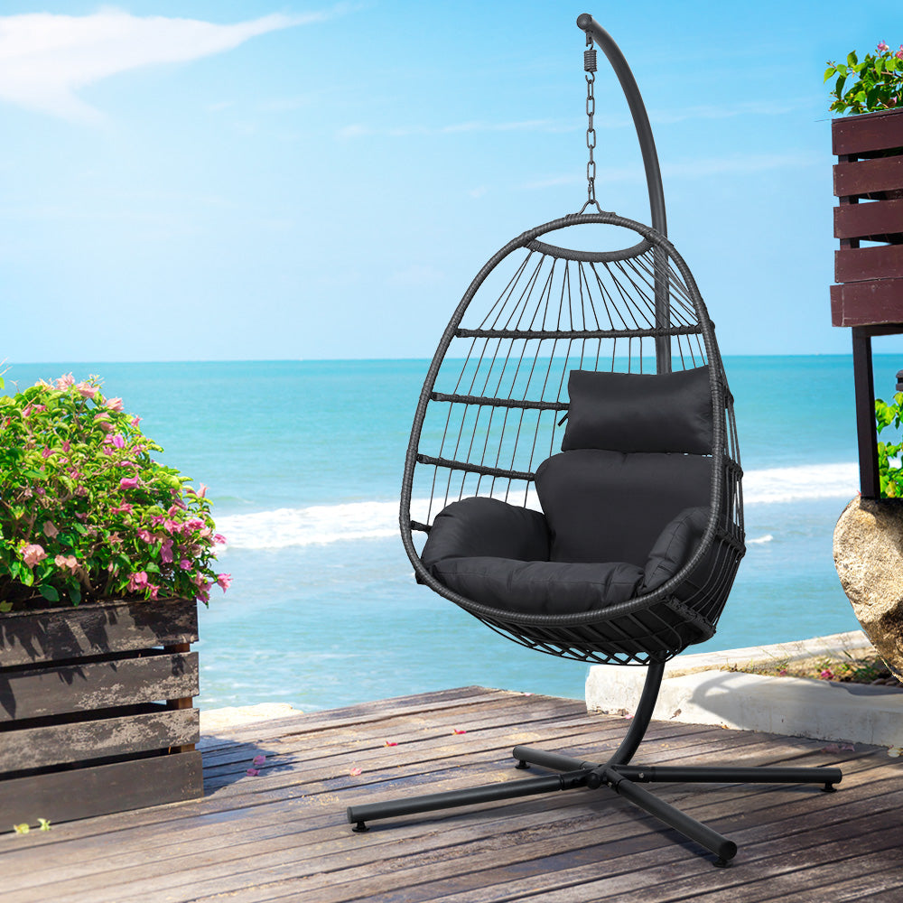 Gardeon Egg Swing Chair Hammock Stand Outdoor Furniture Hanging Wicker Seat Grey - SILBERSHELL