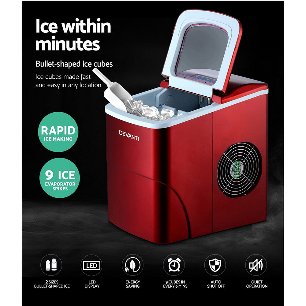 DEVANTi Portable Ice Cube Maker Machine 2L Home Bar Benchtop Easy Quick Red - SILBERSHELL