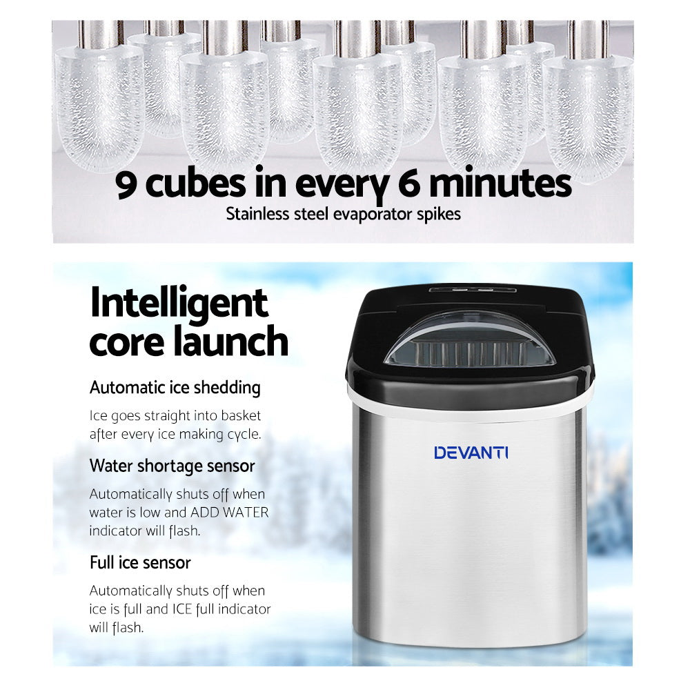 Devanti 2.4L Stainless Steel Portable Ice Cube Maker - SILBERSHELL