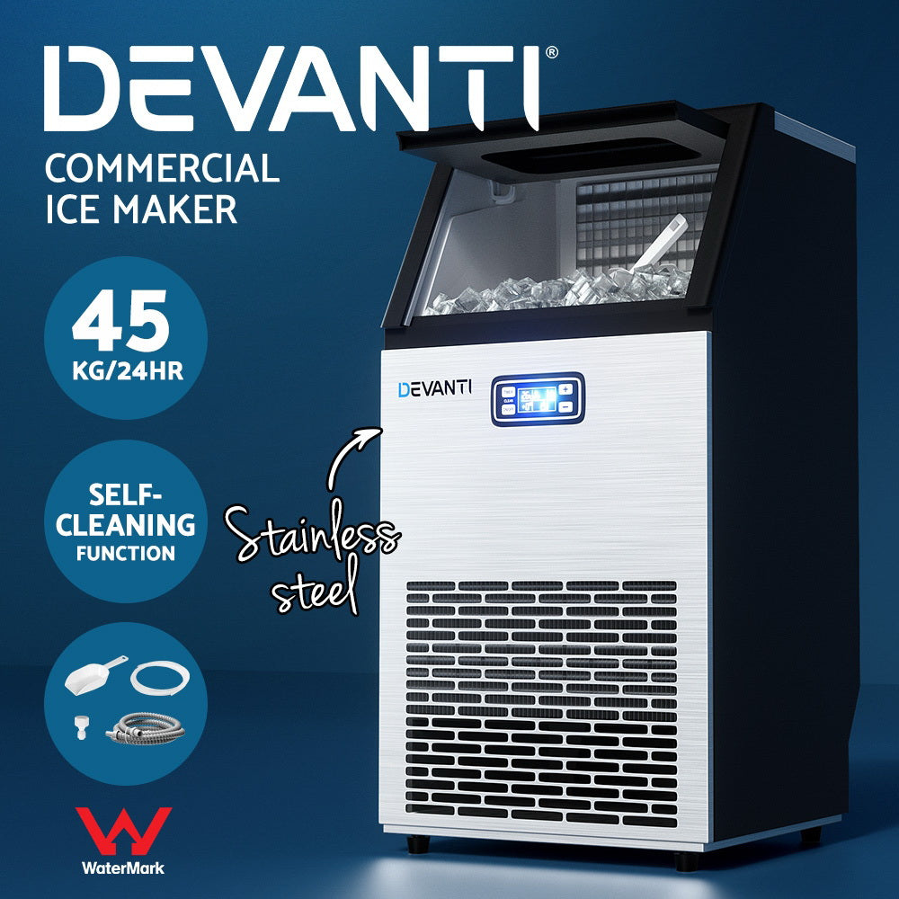 Devanti Commercial Ice Maker Machine 45kg Ice Cube Tray Bar Stainless Steel - SILBERSHELL