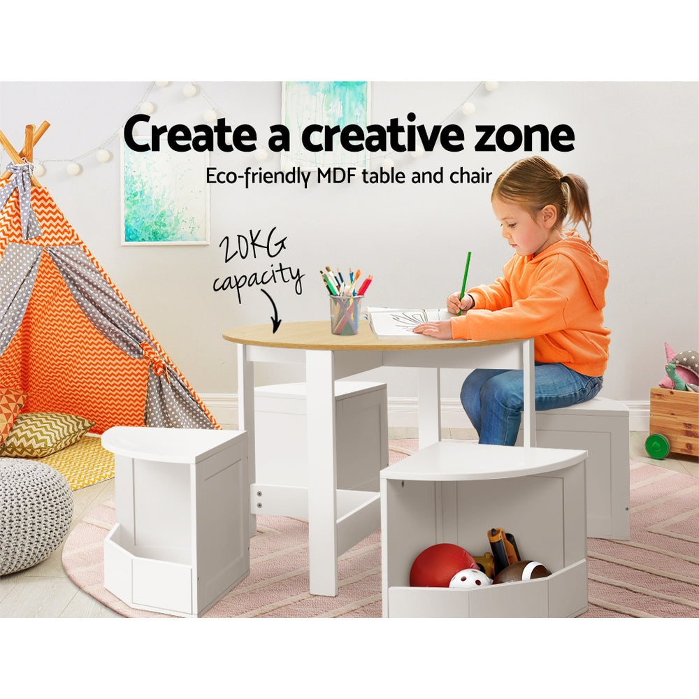 Keezi 5 PCS Kids Table and Chairs Set Storage Chair Wooden Play Study Desk Sets - SILBERSHELL