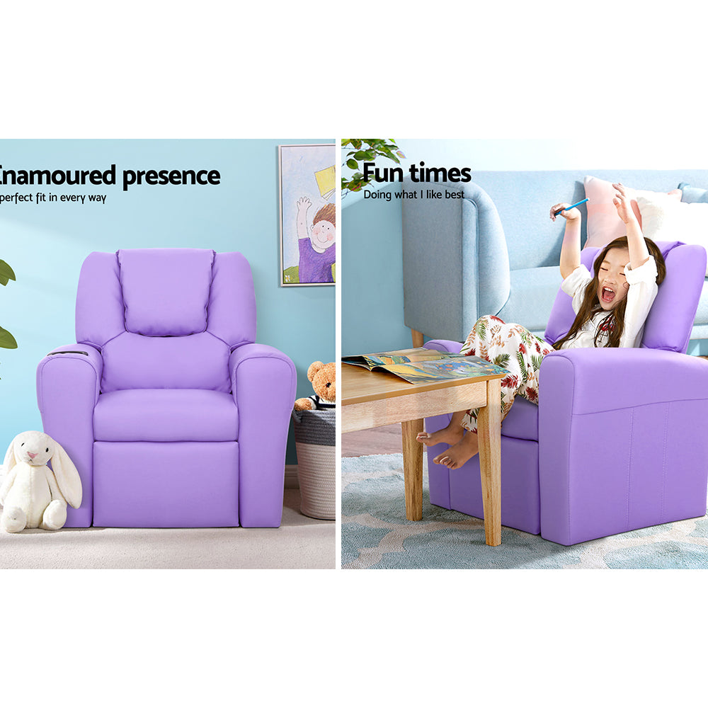Keezi Kids Recliner Chair Purple PU Leather Sofa Lounge Couch Children Armchair - SILBERSHELL