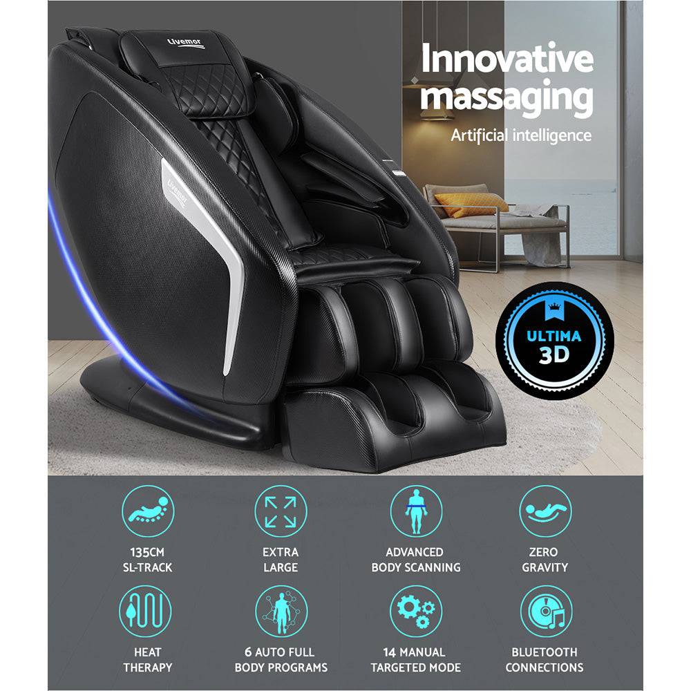 Livemor 3D Electric Massage Chair Shiatsu Kneading Massager Zero Gravity Large Black - SILBERSHELL™