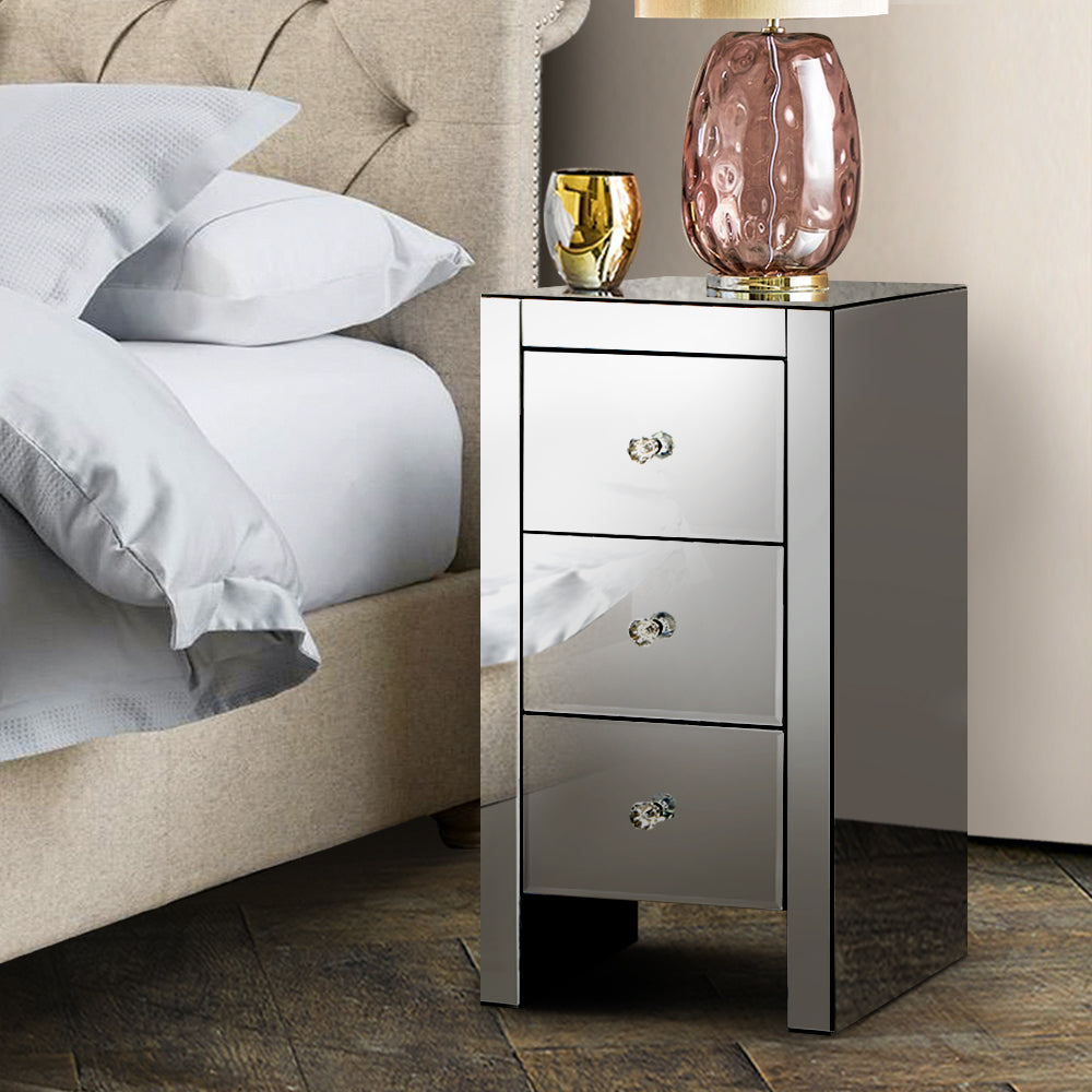 Artiss Mirrored Bedside Tables Drawers Crystal Chest Nightstand Glass Grey - SILBERSHELL