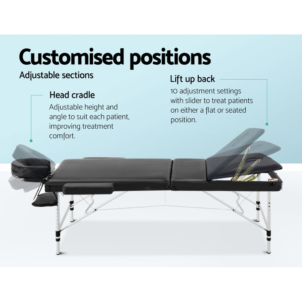 Zenses 70cm Wide Portable Aluminium Massage Table 3 Fold Treatment Beauty Therapy Black - SILBERSHELL