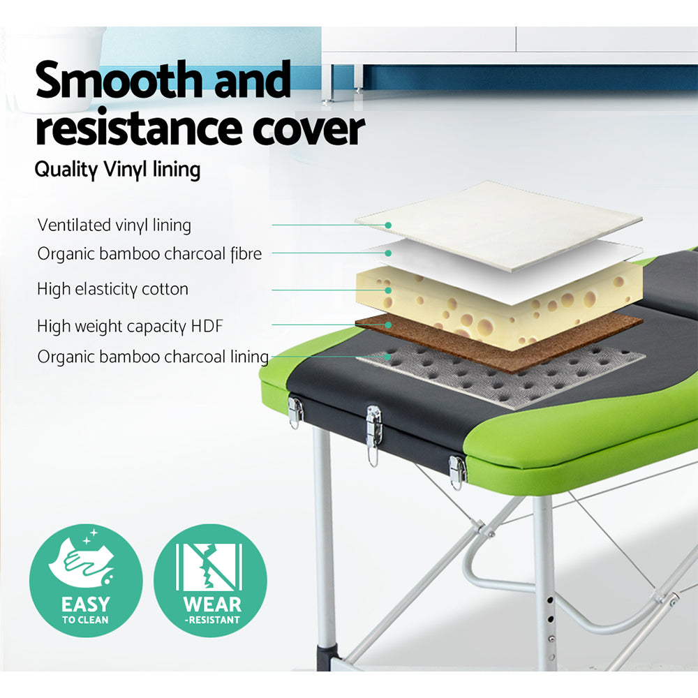Zenses 3 Fold Portable Aluminium Massage Table - Green & Black - SILBERSHELL