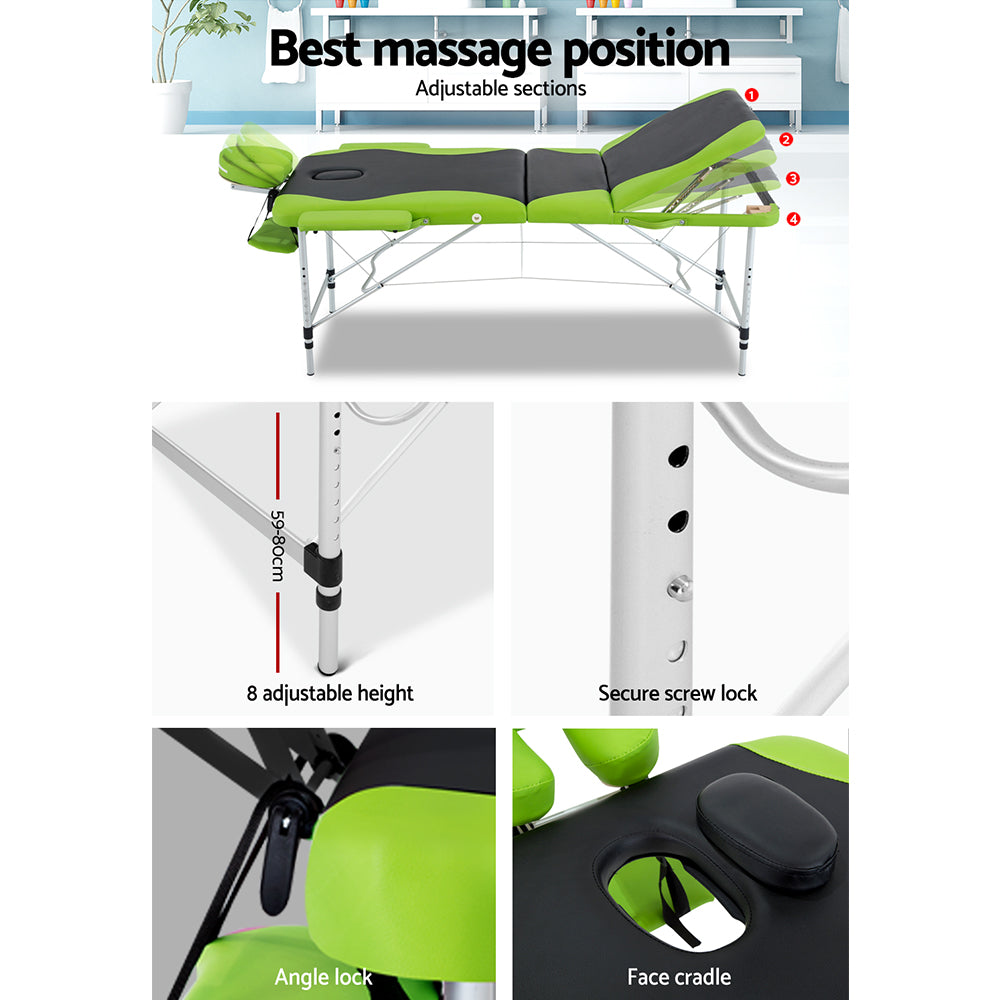 Zenses 3 Fold Portable Aluminium Massage Table - Green & Black - SILBERSHELL
